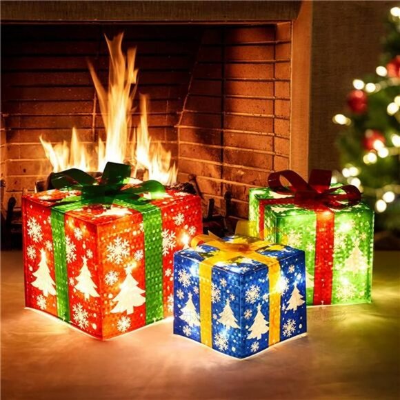 Set of 3 Lighted Gift Boxes for Christmas Decorations with 60 LED Lights